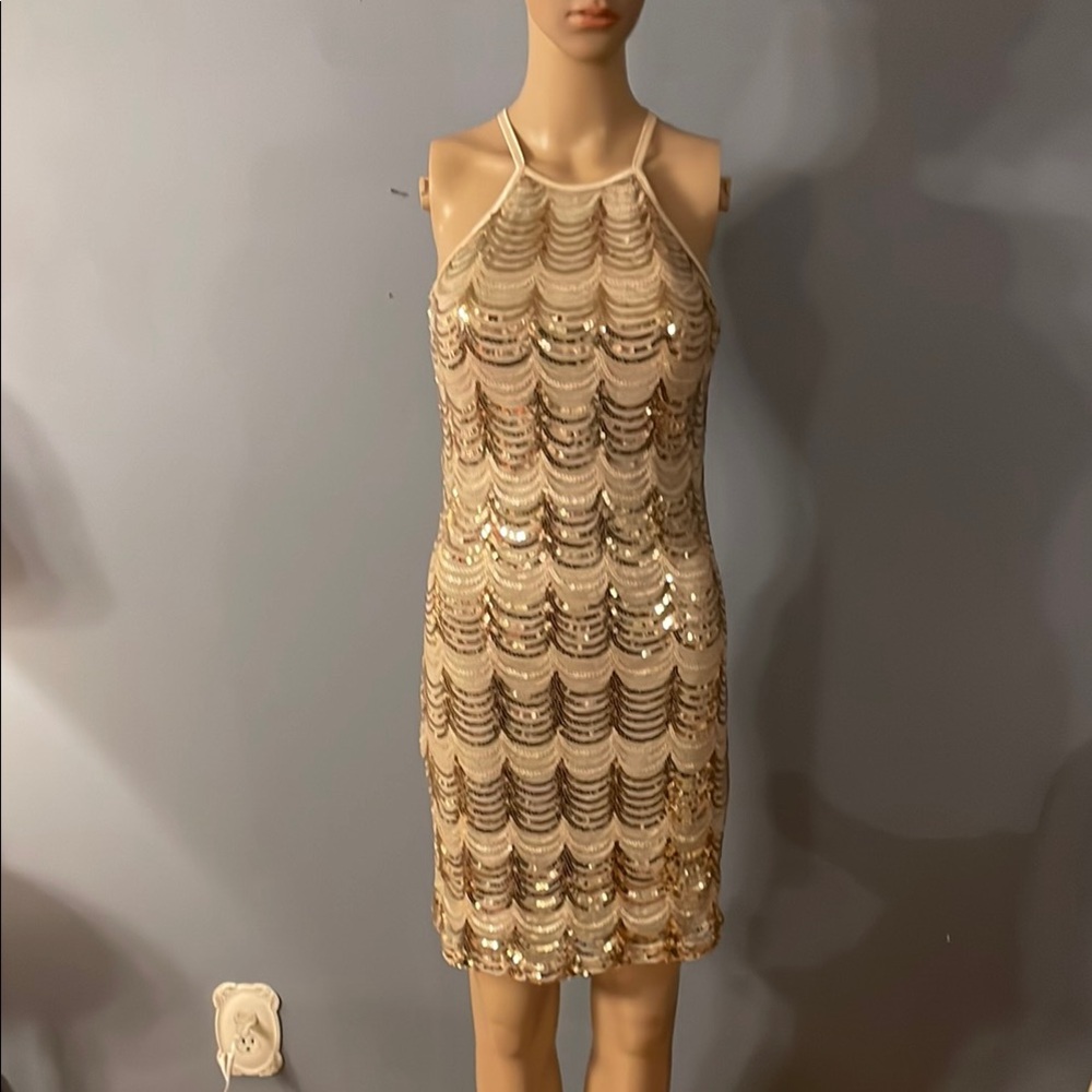 Crystal Doll Gold Sequin Halter Mini Dress